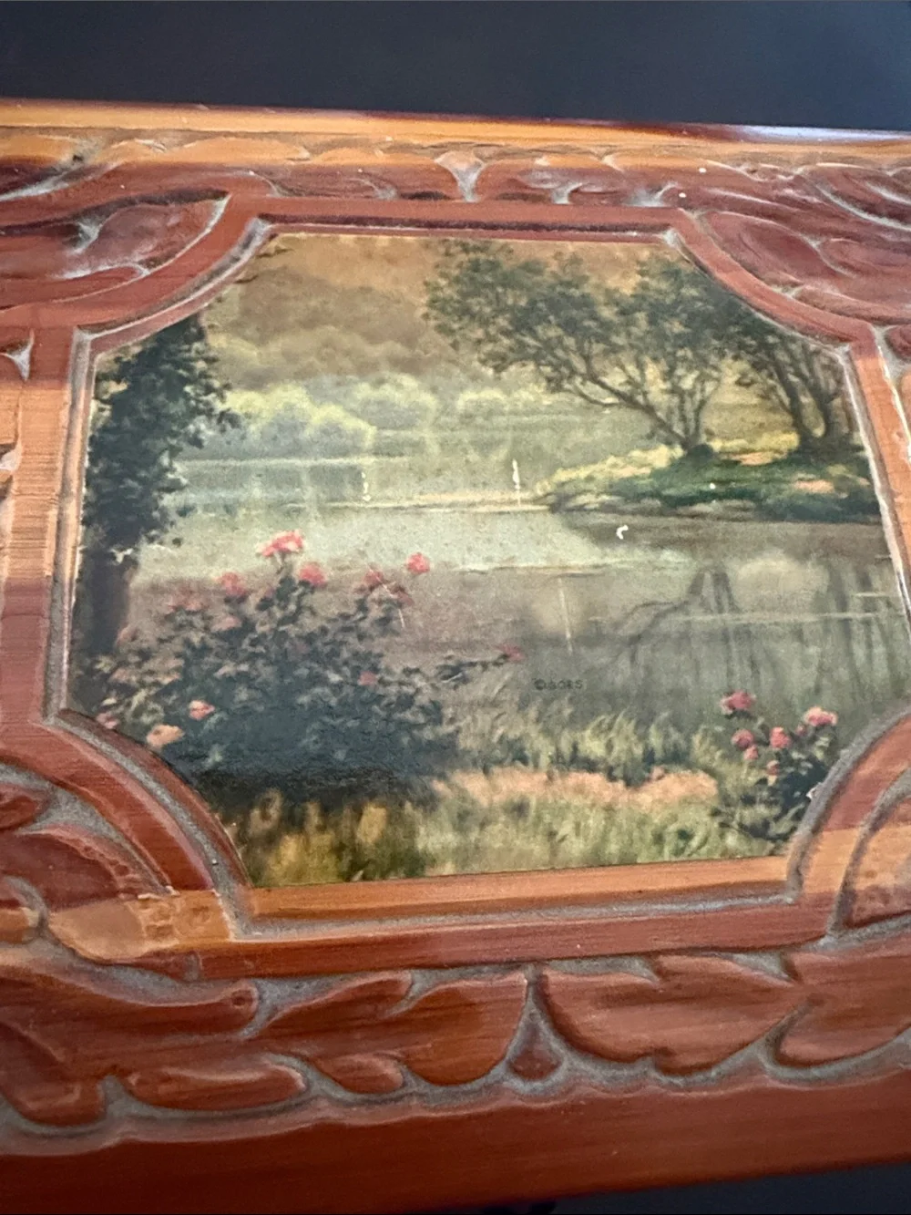 Handcrafted Wooden Jewelry Box with Scenic Inlay